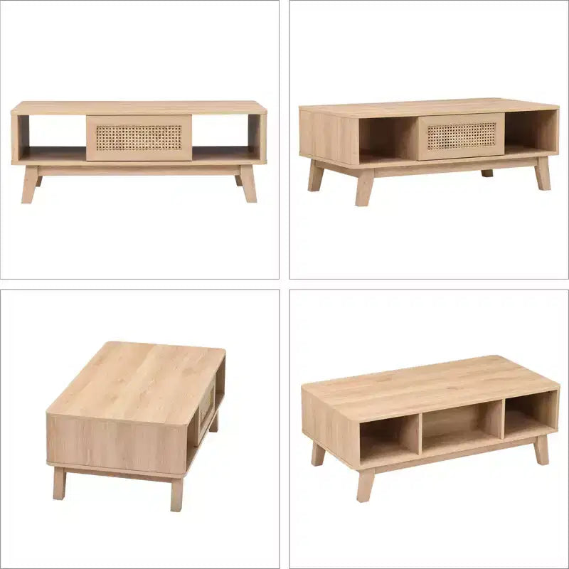 Table basse en bois à 2 niveaux de style Mid-Century avec tiroir en rotin et étagère ouverte, table basse de ferme