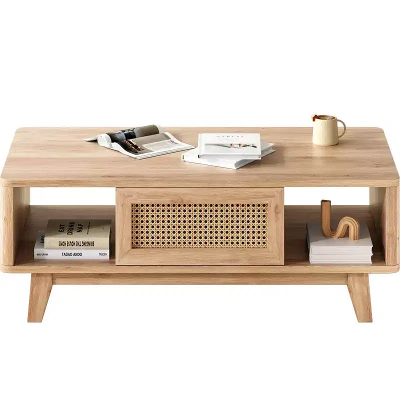 Table basse en bois à 2 niveaux de style Mid-Century avec tiroir en rotin et étagère ouverte, table basse de ferme