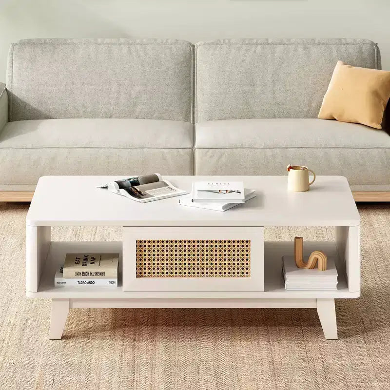 Table basse en bois à 2 niveaux de style Mid-Century avec tiroir en rotin et étagère ouverte, table basse de ferme