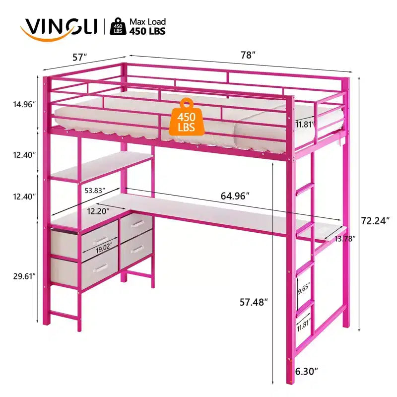 Lit mezzanine Full Metal avec bureau, garde-corps de 38 cm, échelle antidérapante, 2 stations de charge, 4 tiroirs et LED – Rose