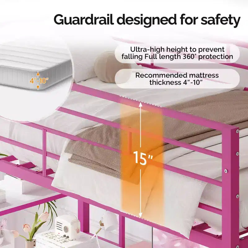 Lit mezzanine Full Metal avec bureau, garde-corps de 38 cm, échelle antidérapante, 2 stations de charge, 4 tiroirs et LED – Rose