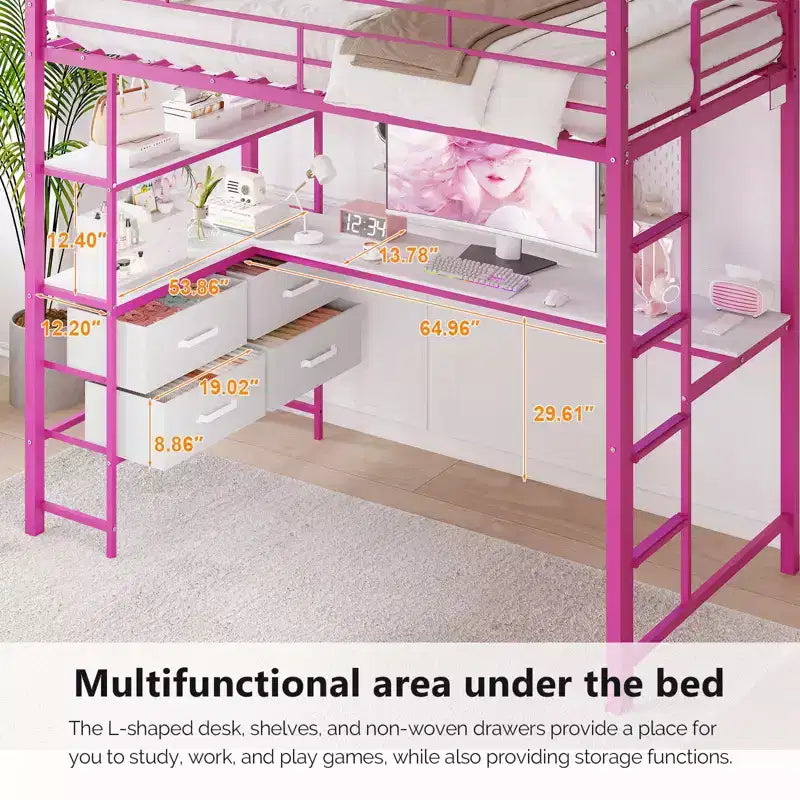 Lit mezzanine Full Metal avec bureau, garde-corps de 38 cm, échelle antidérapante, 2 stations de charge, 4 tiroirs et LED – Rose