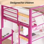 Lit mezzanine Full Metal avec bureau, garde-corps de 38 cm, échelle antidérapante, 2 stations de charge, 4 tiroirs et LED – Rose