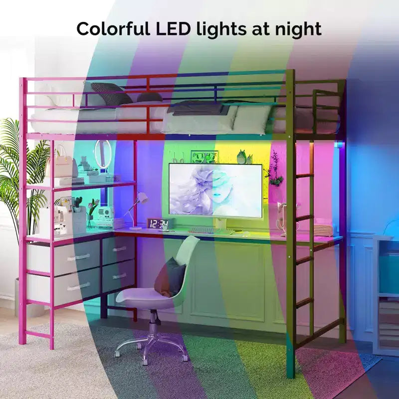 Lit mezzanine Full Metal avec bureau, garde-corps de 38 cm, échelle antidérapante, 2 stations de charge, 4 tiroirs et LED – Rose