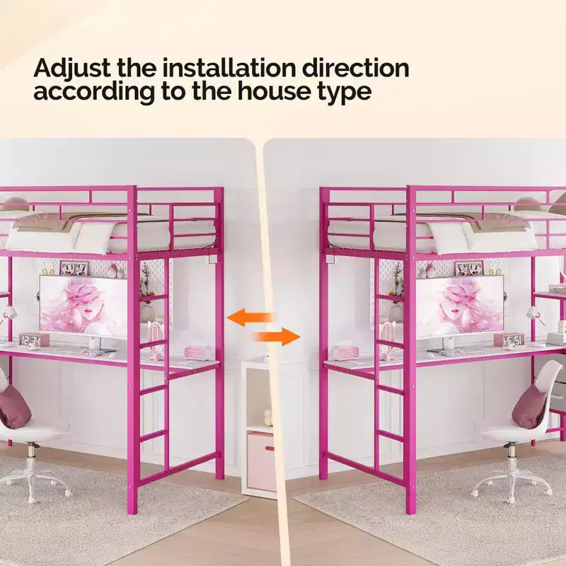 Lit mezzanine Full Metal avec bureau, garde-corps de 38 cm, échelle antidérapante, 2 stations de charge, 4 tiroirs et LED – Rose