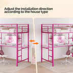 Lit mezzanine Full Metal avec bureau, garde-corps de 38 cm, échelle antidérapante, 2 stations de charge, 4 tiroirs et LED – Rose