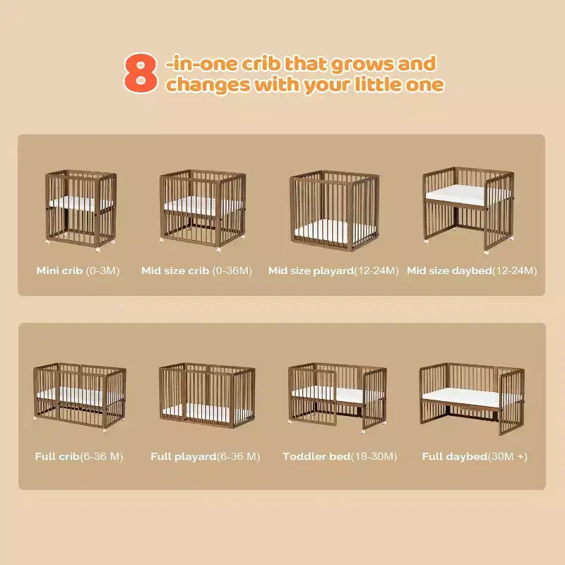 Lit de bébé convertible 8-en-1 avec 2 matelas, se transforme en berceau, lit d'enfant et parc.