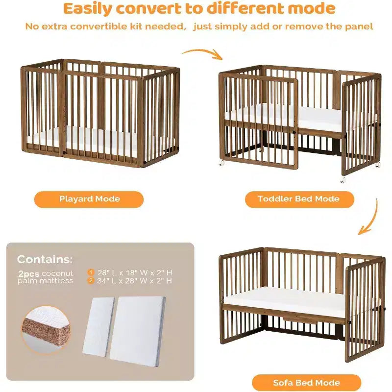 Lit de bébé convertible 8-en-1 avec 2 matelas, se transforme en berceau, lit d'enfant et parc.