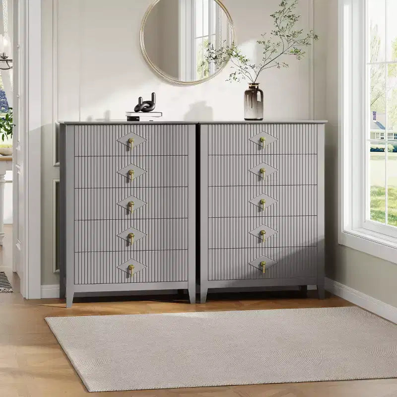 Commode de chambre à 5 tiroirs, 81 cm de large, moderne avec poignées métalliques et tiroirs en bois pour chambre, salon, couloir