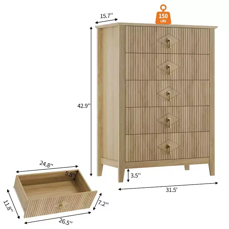 Commode de chambre à 5 tiroirs, 81 cm de large, moderne avec poignées métalliques et tiroirs en bois pour chambre, salon, couloir