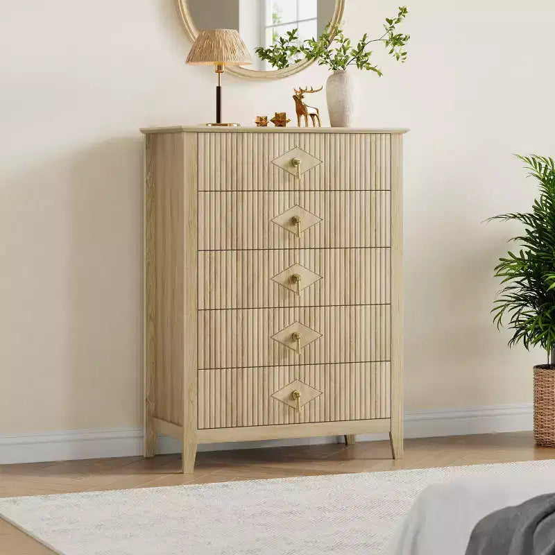 Commode de chambre à 5 tiroirs, 81 cm de large, moderne avec poignées métalliques et tiroirs en bois pour chambre, salon, couloir