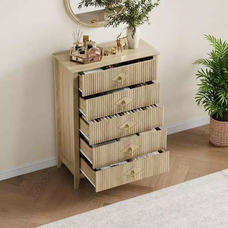 Commode de chambre à 5 tiroirs, 81 cm de large, moderne avec poignées métalliques et tiroirs en bois pour chambre, salon, couloir