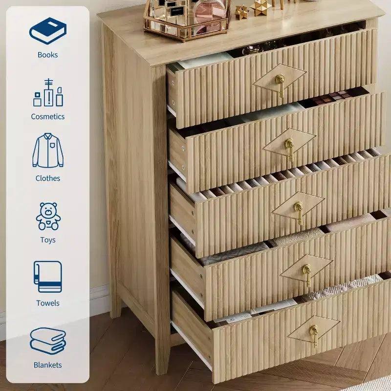 Commode de chambre à 5 tiroirs, 81 cm de large, moderne avec poignées métalliques et tiroirs en bois pour chambre, salon, couloir