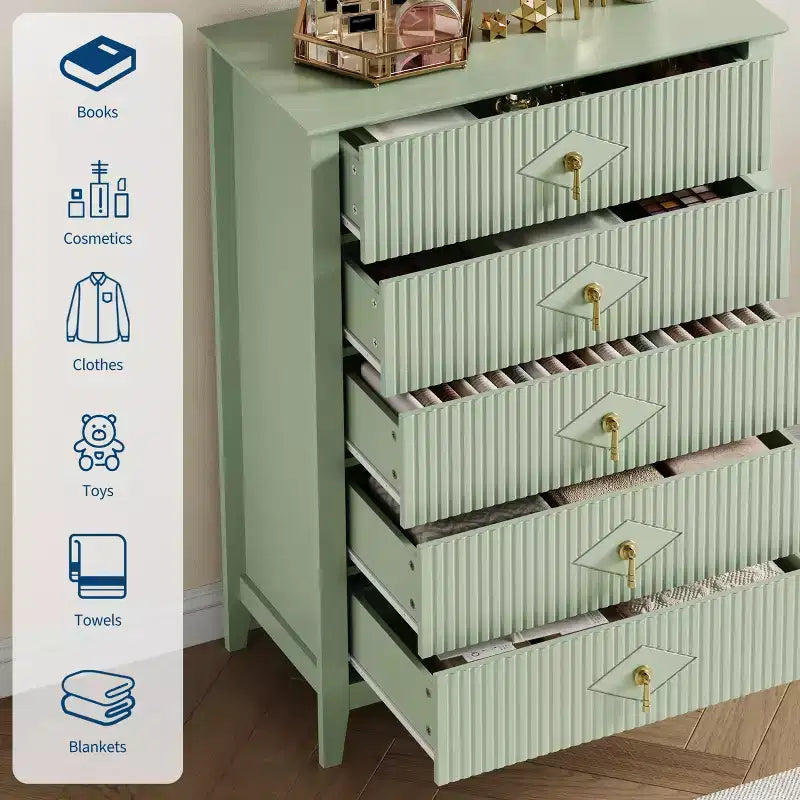Commode de chambre à 5 tiroirs, 81 cm de large, moderne avec poignées métalliques et tiroirs en bois pour chambre, salon, couloir
