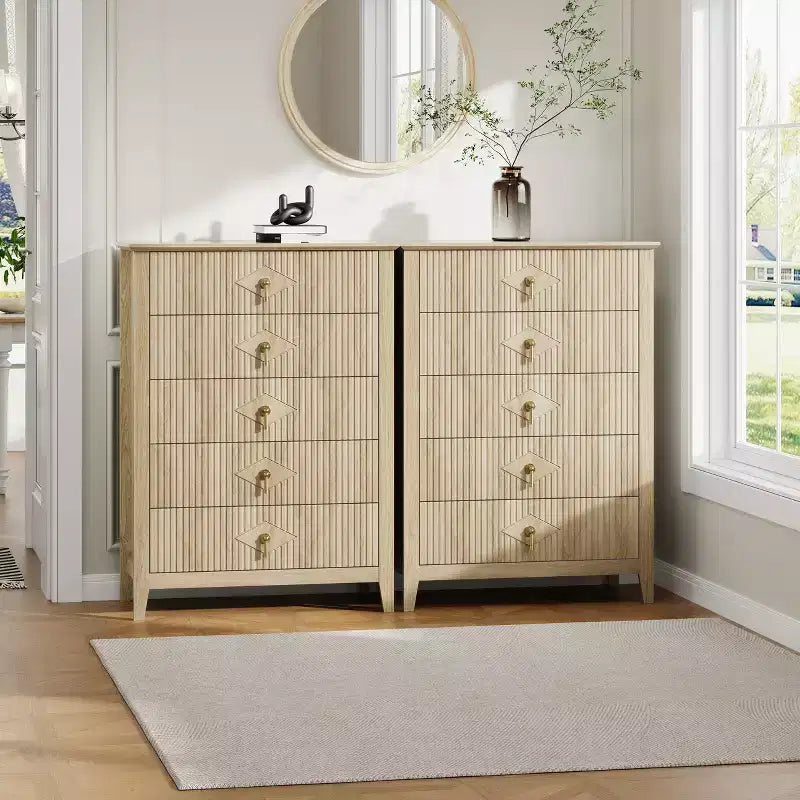 Commode de chambre à 5 tiroirs, 81 cm de large, moderne avec poignées métalliques et tiroirs en bois pour chambre, salon, couloir