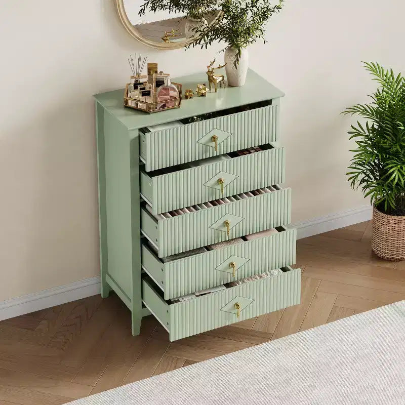 Commode de chambre à 5 tiroirs, 81 cm de large, moderne avec poignées métalliques et tiroirs en bois pour chambre, salon, couloir