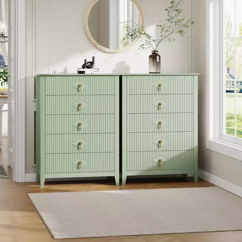 Commode de chambre à 5 tiroirs, 81 cm de large, moderne avec poignées métalliques et tiroirs en bois pour chambre, salon, couloir