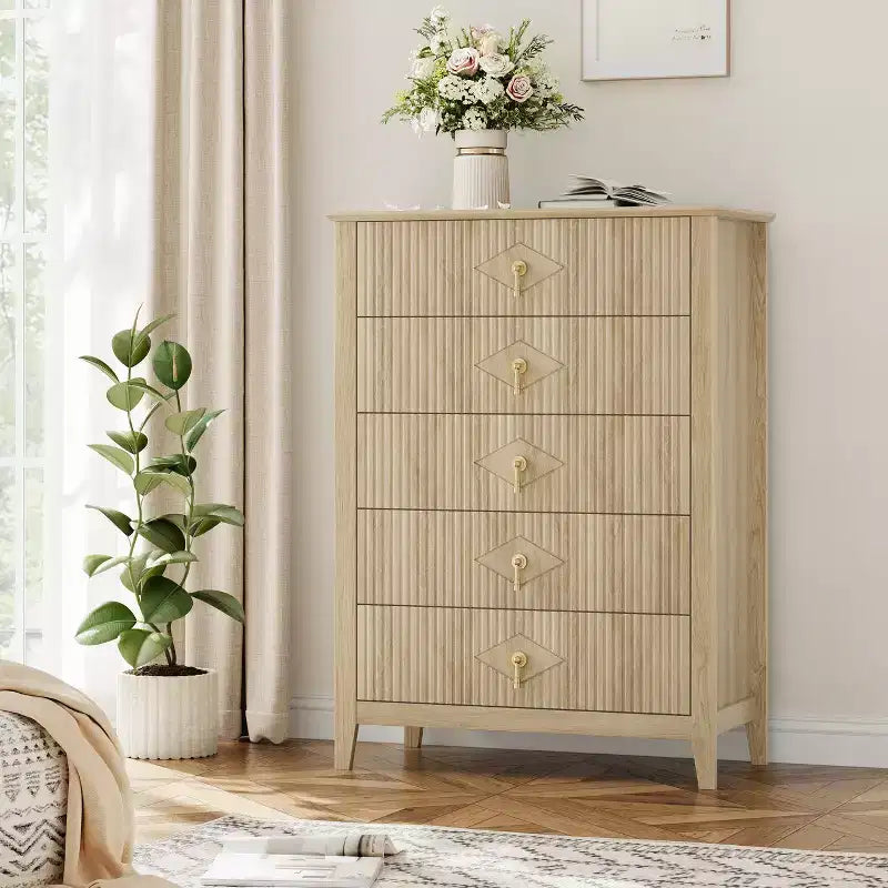 Commode de chambre à 5 tiroirs, 81 cm de large, moderne avec poignées métalliques et tiroirs en bois pour chambre, salon, couloir