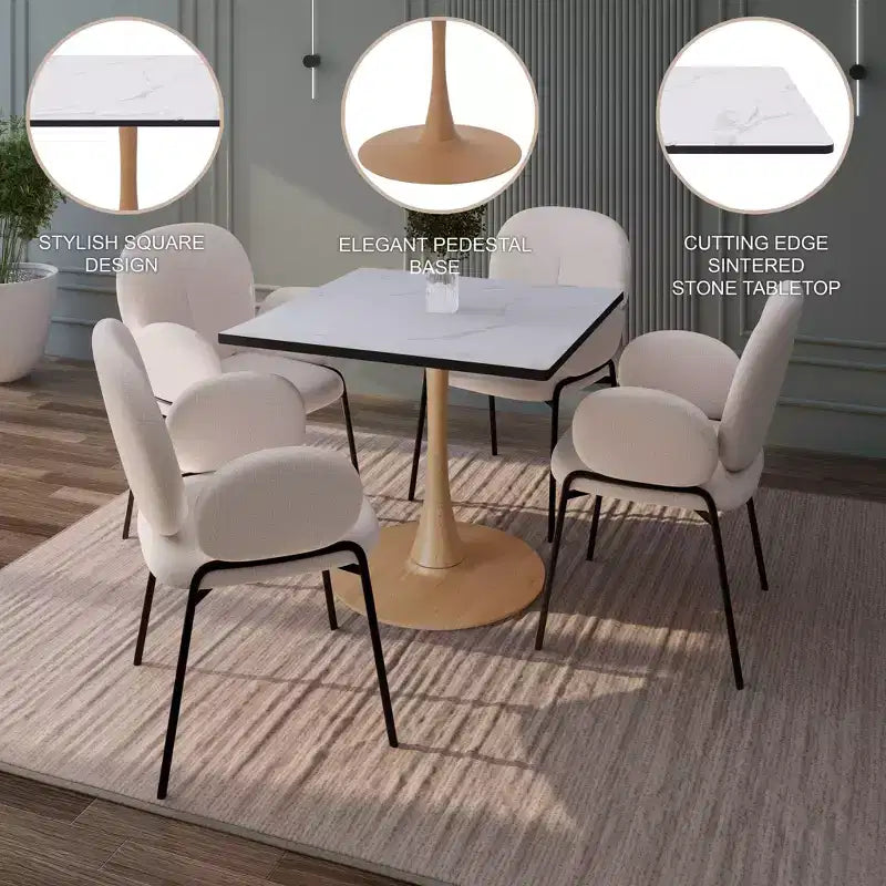 Table de salle à manger carrée Bristol 27" avec plateau en MDF blanc marbré et pied central en acier