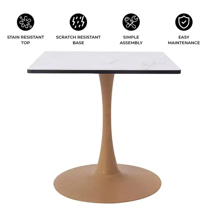 Table de salle à manger carrée Bristol 27" avec plateau en MDF blanc marbré et pied central en acier