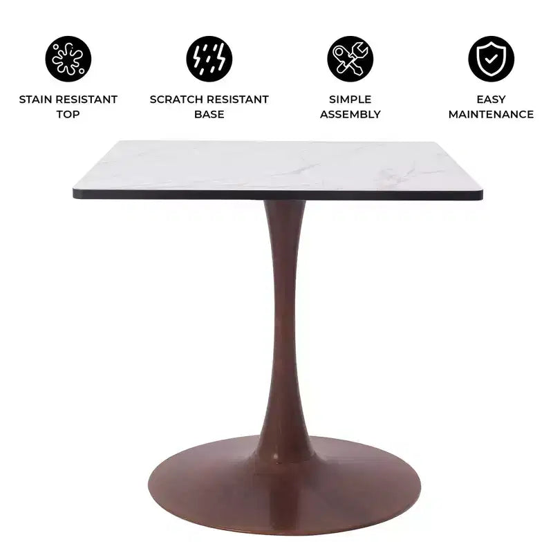 Table de salle à manger carrée Bristol 27" avec plateau en MDF blanc marbré et pied central en acier