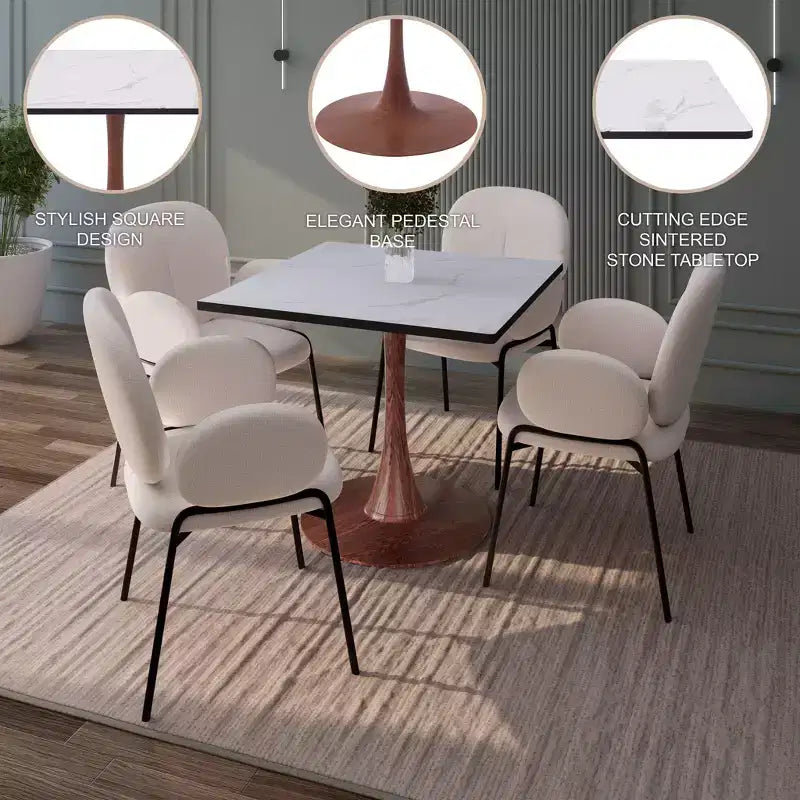Table de salle à manger carrée Bristol 27" avec plateau en MDF blanc marbré et pied central en acier