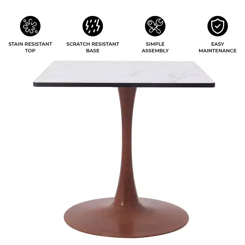 Table de salle à manger carrée Bristol 27" avec plateau en MDF blanc marbré et pied central en acier