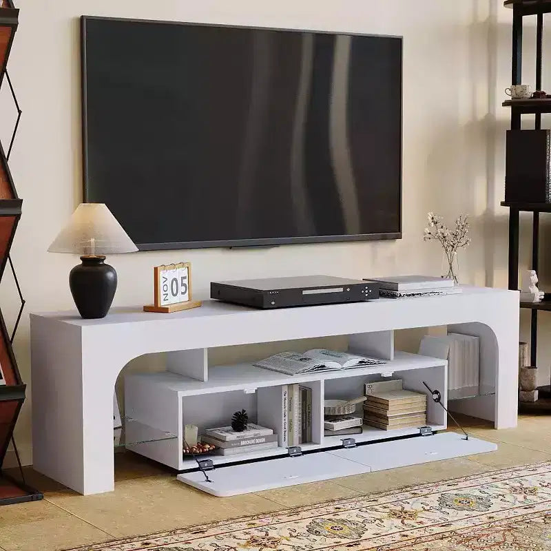 Meuble TV moderne avec grand tiroir de rangement pour téléviseurs jusqu'à 70 pouces, Console TV de style ferme en bois avec centre de divertissement brillant pour salon, chambre à coucher