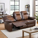 Canapé inclinable 3 places en cuir respirant avec table basse réversible pour salon – Marron