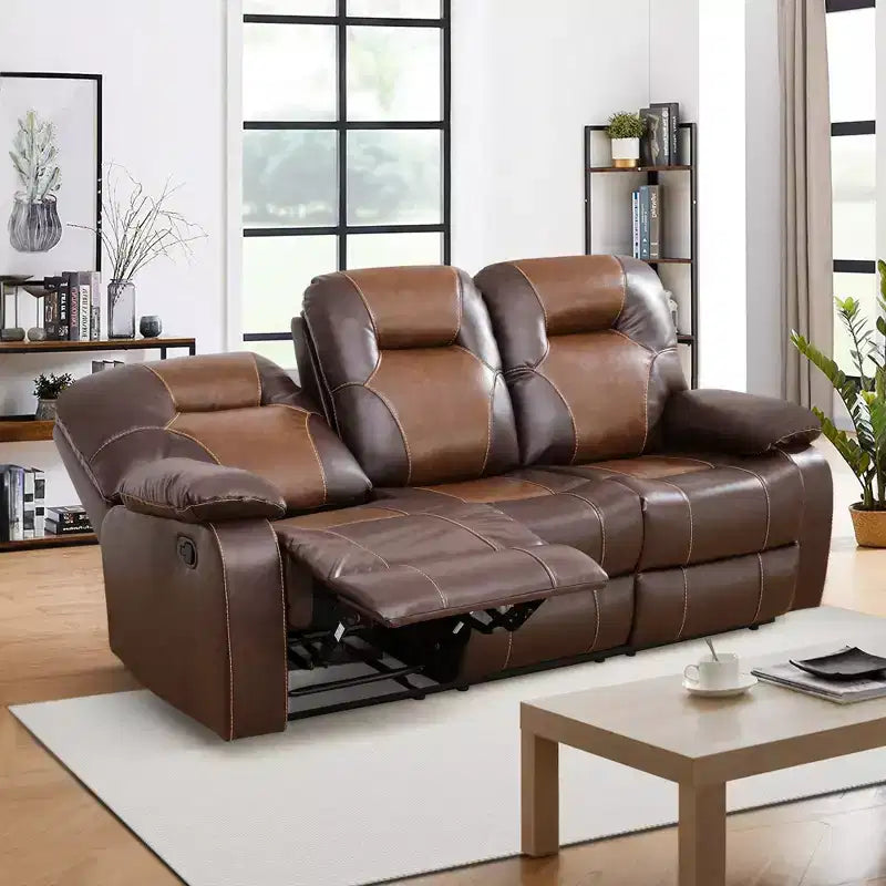 Canapé inclinable 3 places en cuir respirant avec table basse réversible pour salon – Marron