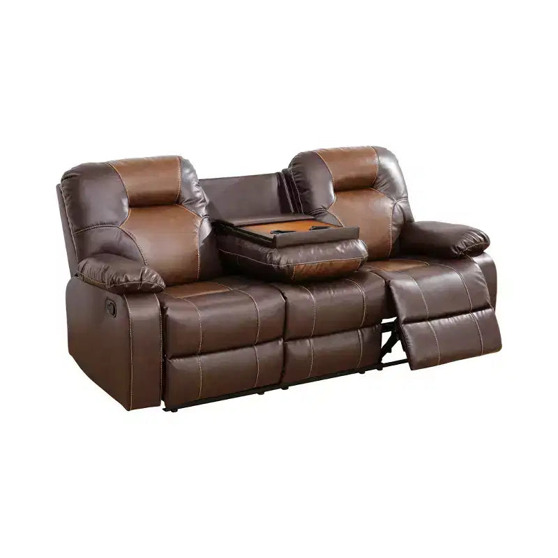Canapé inclinable 3 places en cuir respirant avec table basse réversible pour salon – Marron