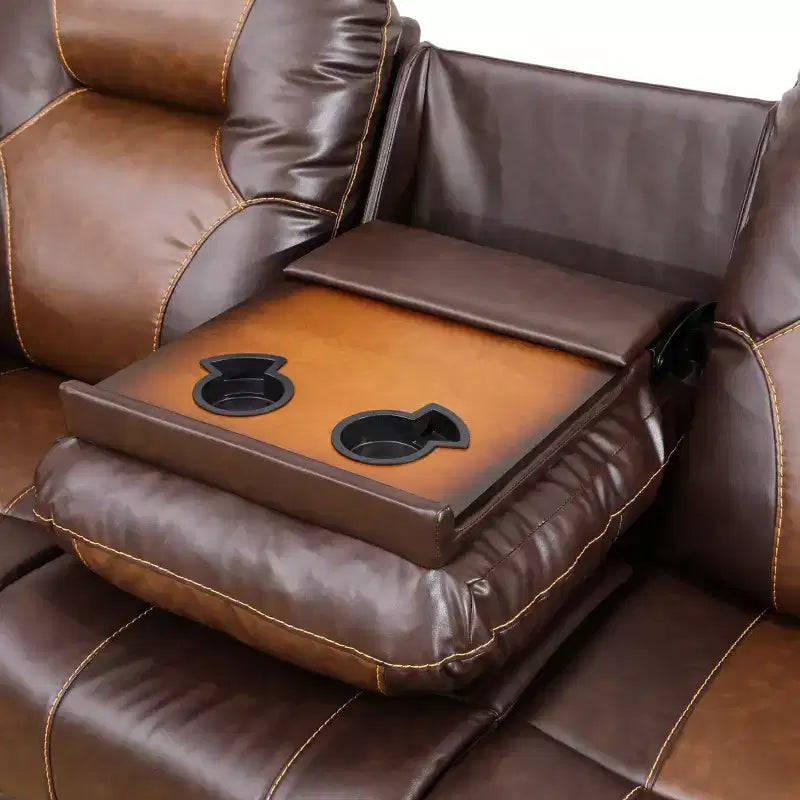 Canapé inclinable 3 places en cuir respirant avec table basse réversible pour salon – Marron