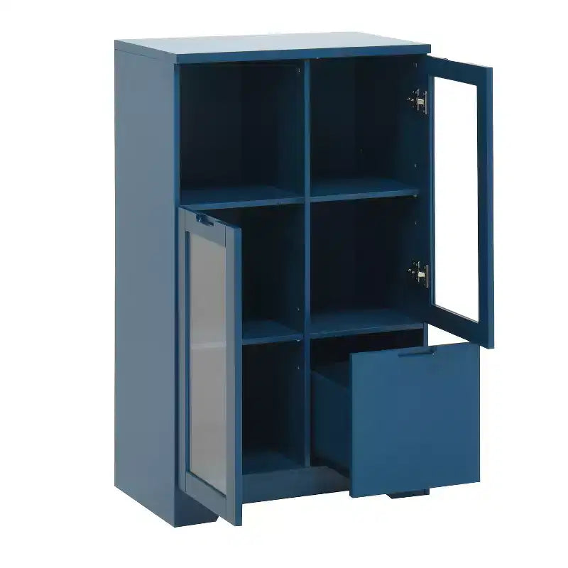 Meuble de rangement peint à 2 portes avec portes vitrées et tiroir, espace de rangement ouvert