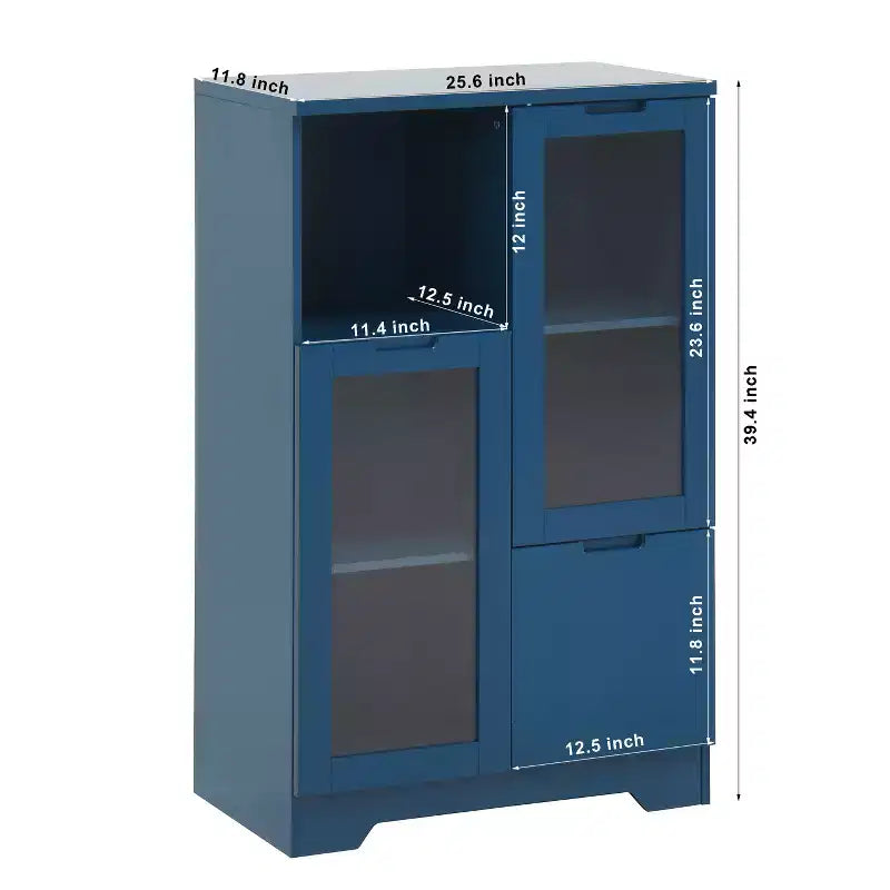 Meuble de rangement peint à 2 portes avec portes vitrées et tiroir, espace de rangement ouvert