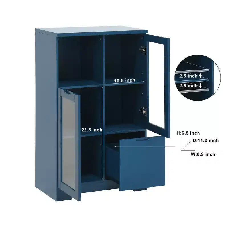 Meuble de rangement peint à 2 portes avec portes vitrées et tiroir, espace de rangement ouvert