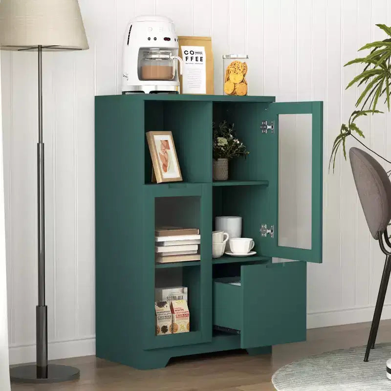 Meuble de rangement peint à 2 portes avec portes vitrées et tiroir, espace de rangement ouvert