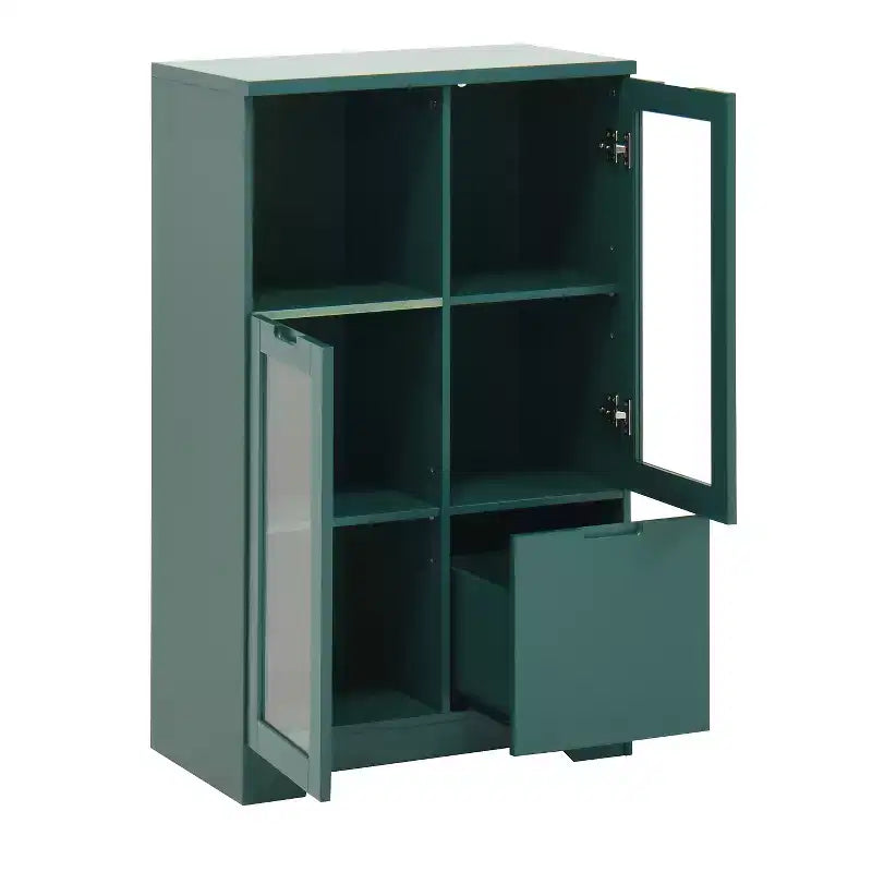 Meuble de rangement peint à 2 portes avec portes vitrées et tiroir, espace de rangement ouvert