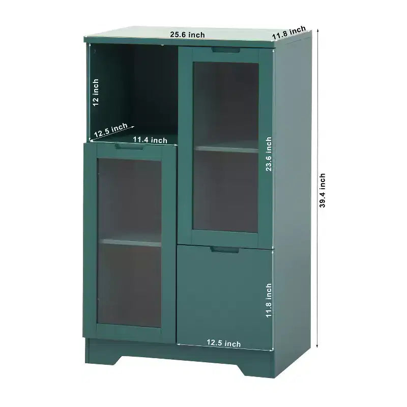 Meuble de rangement peint à 2 portes avec portes vitrées et tiroir, espace de rangement ouvert