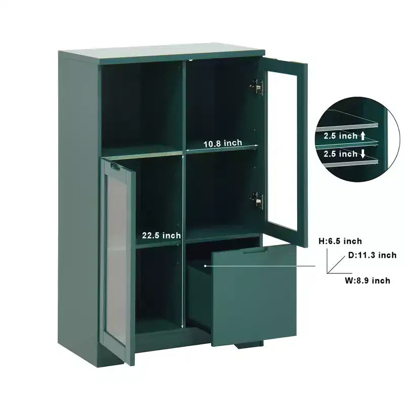 Meuble de rangement peint à 2 portes avec portes vitrées et tiroir, espace de rangement ouvert