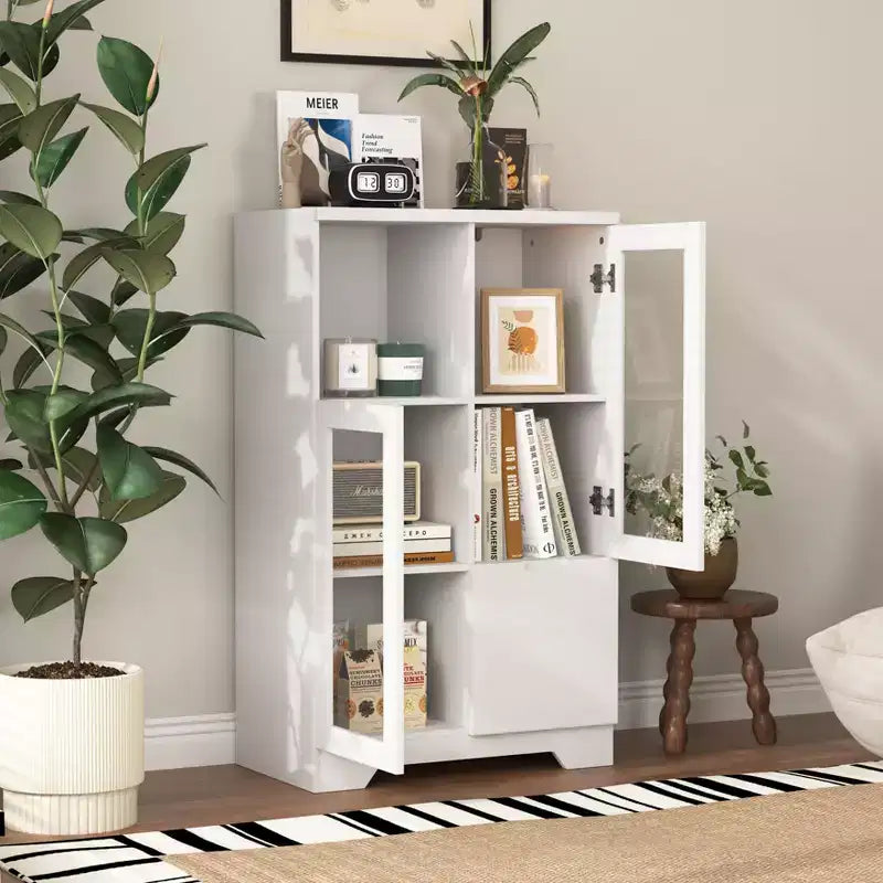 Meuble de rangement peint à 2 portes avec portes vitrées et tiroir, espace de rangement ouvert