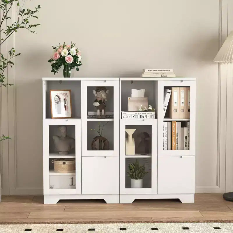 Meuble de rangement peint à 2 portes avec portes vitrées et tiroir, espace de rangement ouvert