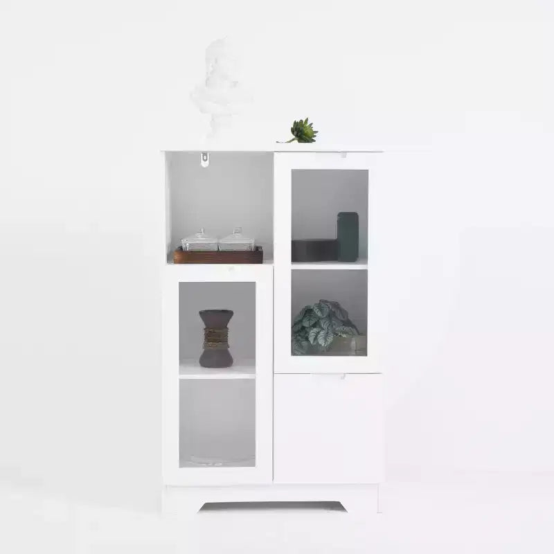 Meuble de rangement peint à 2 portes avec portes vitrées et tiroir, espace de rangement ouvert