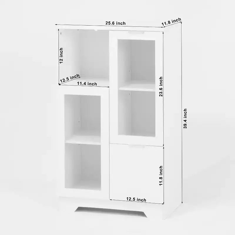 Meuble de rangement peint à 2 portes avec portes vitrées et tiroir, espace de rangement ouvert