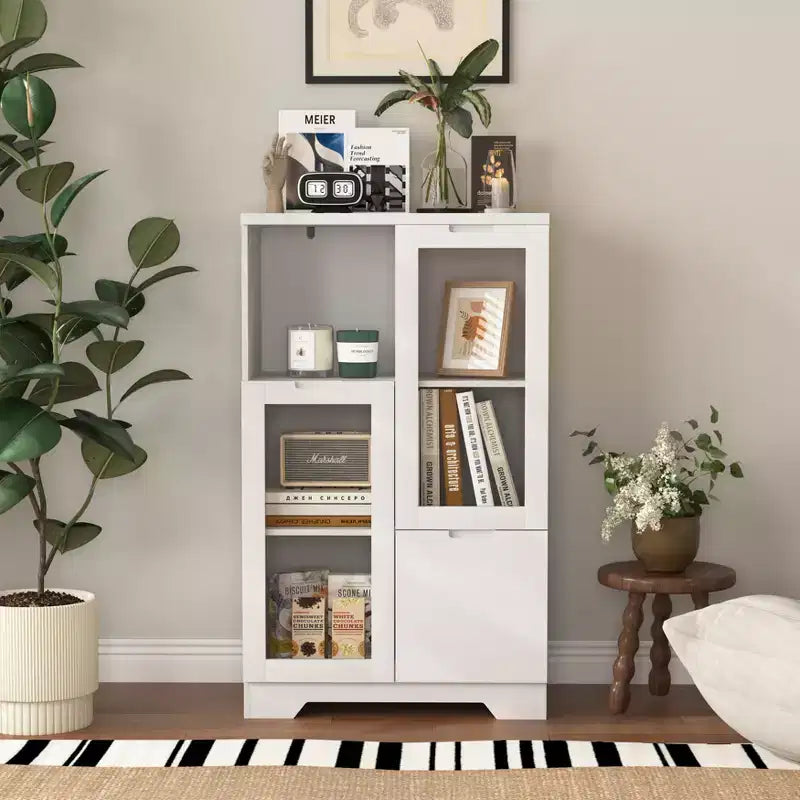 Meuble de rangement peint à 2 portes avec portes vitrées et tiroir, espace de rangement ouvert