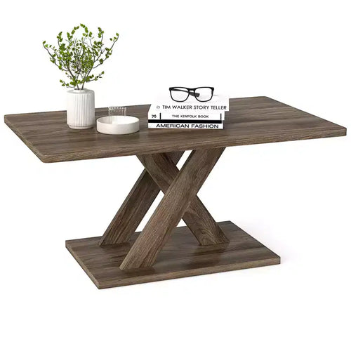 Costway 37.5 Coffee Table with Stable Base & Rubber Wood Connection for Living Room