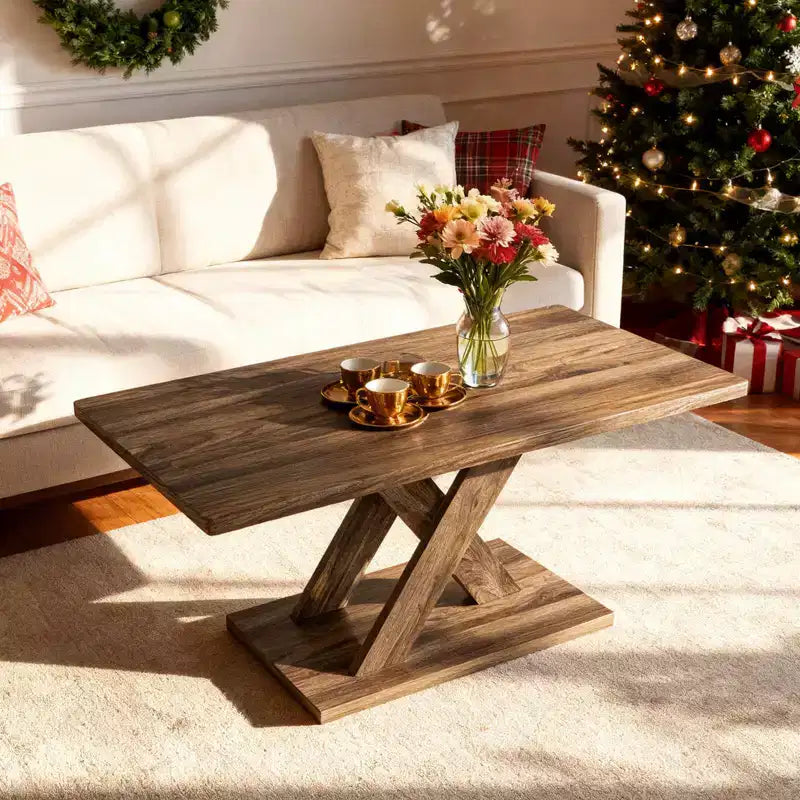 Table basse de 37,5 po avec base stable et connexion en bois d'hévéa pour salon