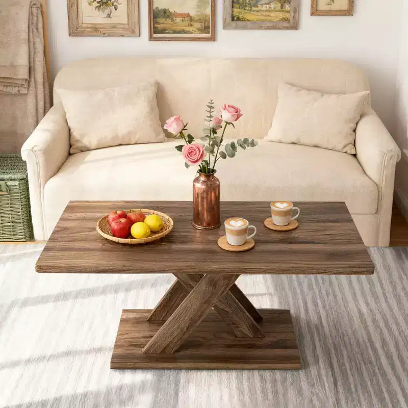 Table basse de 37,5 po avec base stable et connexion en bois d'hévéa pour salon