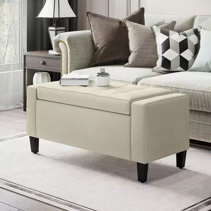 36 Pouf de rangement, Banc de rangement avec plateau relevable et pieds en bois d'hévéa, Banc d'entrée rembourré en lin avec assise pour le salon