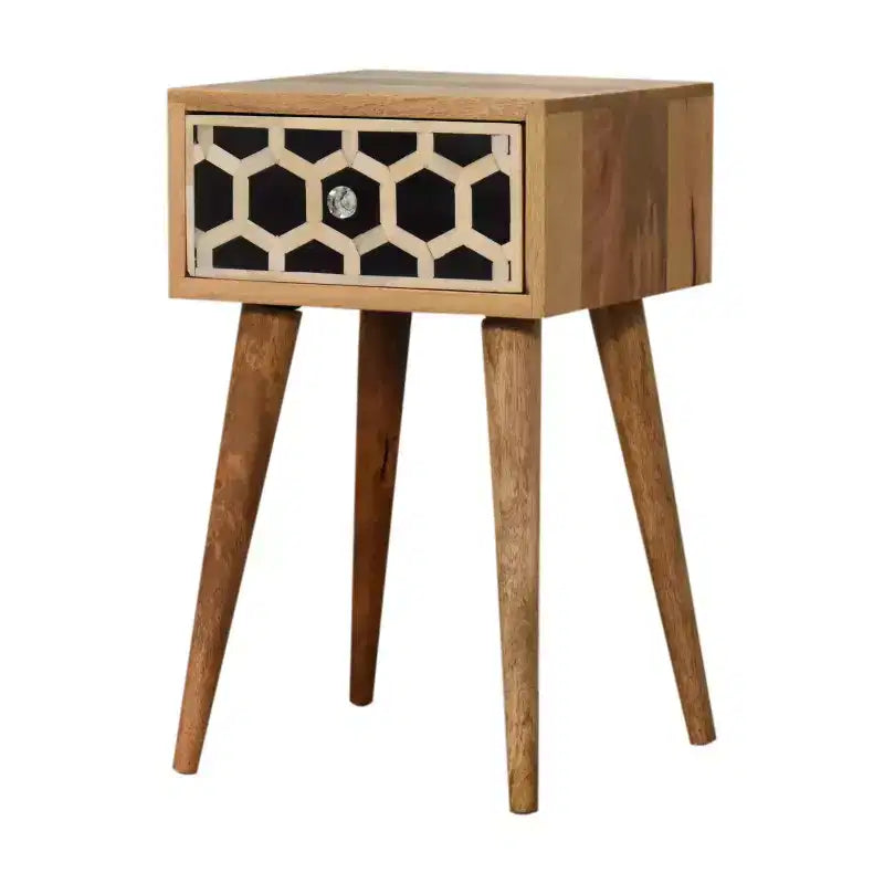 Table de chevet à un tiroir, incrustation géométrique en os, 50 cm, bois de manguier massif marron clair