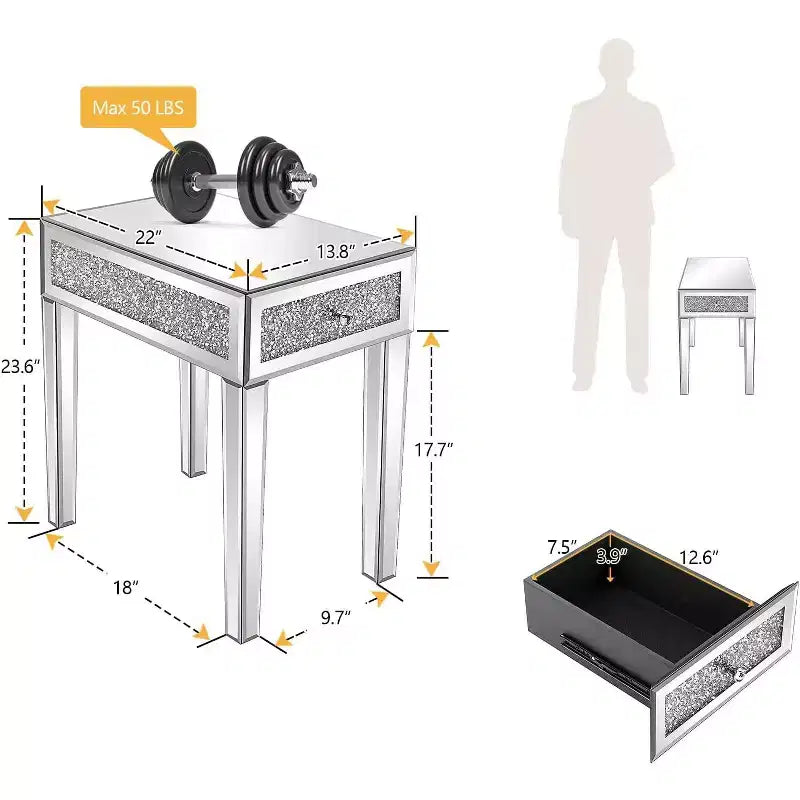 Table d'appoint étroite en miroir, table de chevet fine en verre avec rangement pour canapé, divan et lit